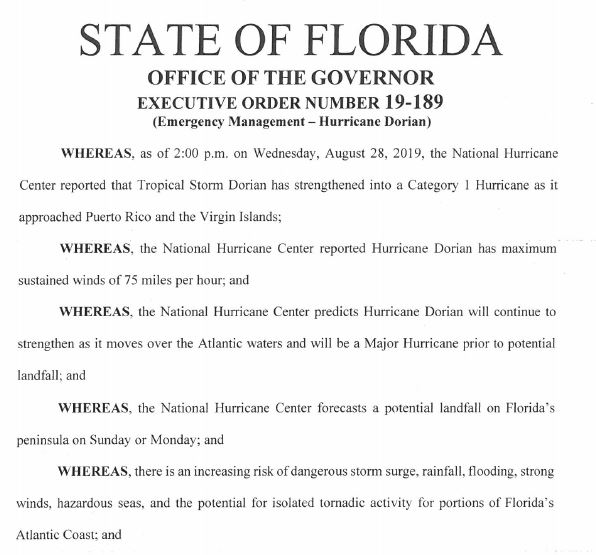 Governor Declaration of Emergency for Hurricane Dorian