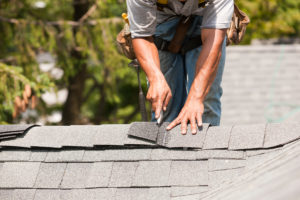 A worker in a tool belt installs shingles for roof replacements on a sloped roof, surrounded by green trees, focusing intently on aligning the materials.