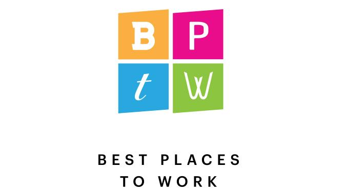 Logo of "Best Place to Work" featuring four colorful squares with the letters b, p, t, and w in each corresponding square.