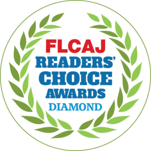 Round logo with green laurel wreath featuring the text "Florida Community Association Journal Readers' Choice Award" in blue and red on a white background.