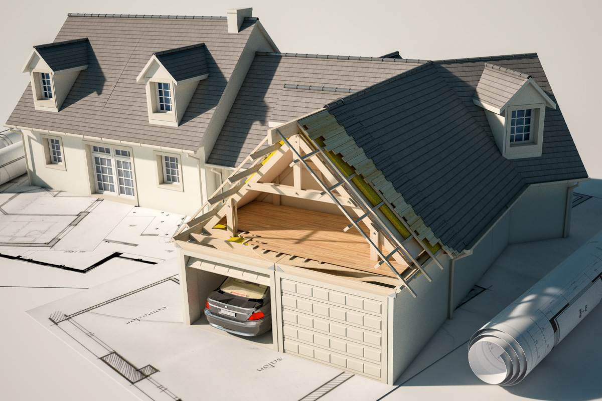 A 3d illustration of a cutaway house showing the interior structure above a garage with a car parked inside, positioned on architectural blueprints for real estate and construction attorneys.