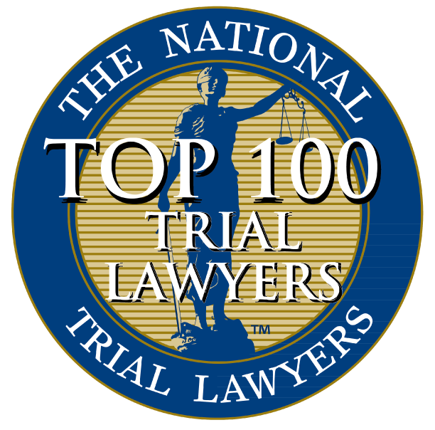 Logo of "the National Trial Lawyers Top 100 Civil Plaintiffs" featuring a central image of lady justice with scales, encircled by text and a dual blue and gold color scheme.