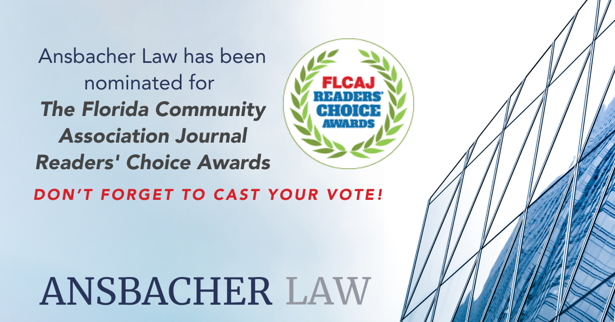 An advertisement for Ansbacher Law, featuring text announcing their nomination for the Florida Community Association Journal Readers' Choice Awards, urging viewers to vote. A building's blue glass facade is visible on the right