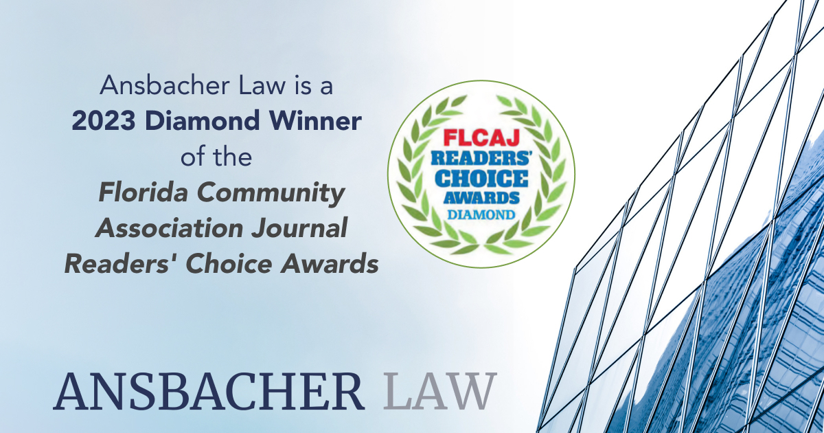 Logo and text stating "Ansbacher Law is a 2023 diamond winner of the Florida Community Association Journal Readers' Choice Award" with a modern building facade in the background.
