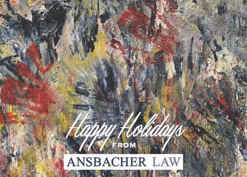 A textured abstract painting in shades of blue, black, yellow, and red with the text "happy holidays from Ansbacher Law" overlaying the image.