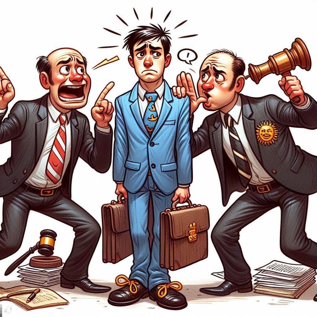 Illustration of a young man in a suit looking confused while being yelled at by two older men, one wielding a gavel and the other carrying briefcases, symbolizing an alternative legal or financial dispute