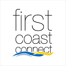 Logo for "First Coast Connect" featuring stylized black text, with blue and yellow waves appearing gracefully below it, embodying Zach Roth's vibrant design flair.