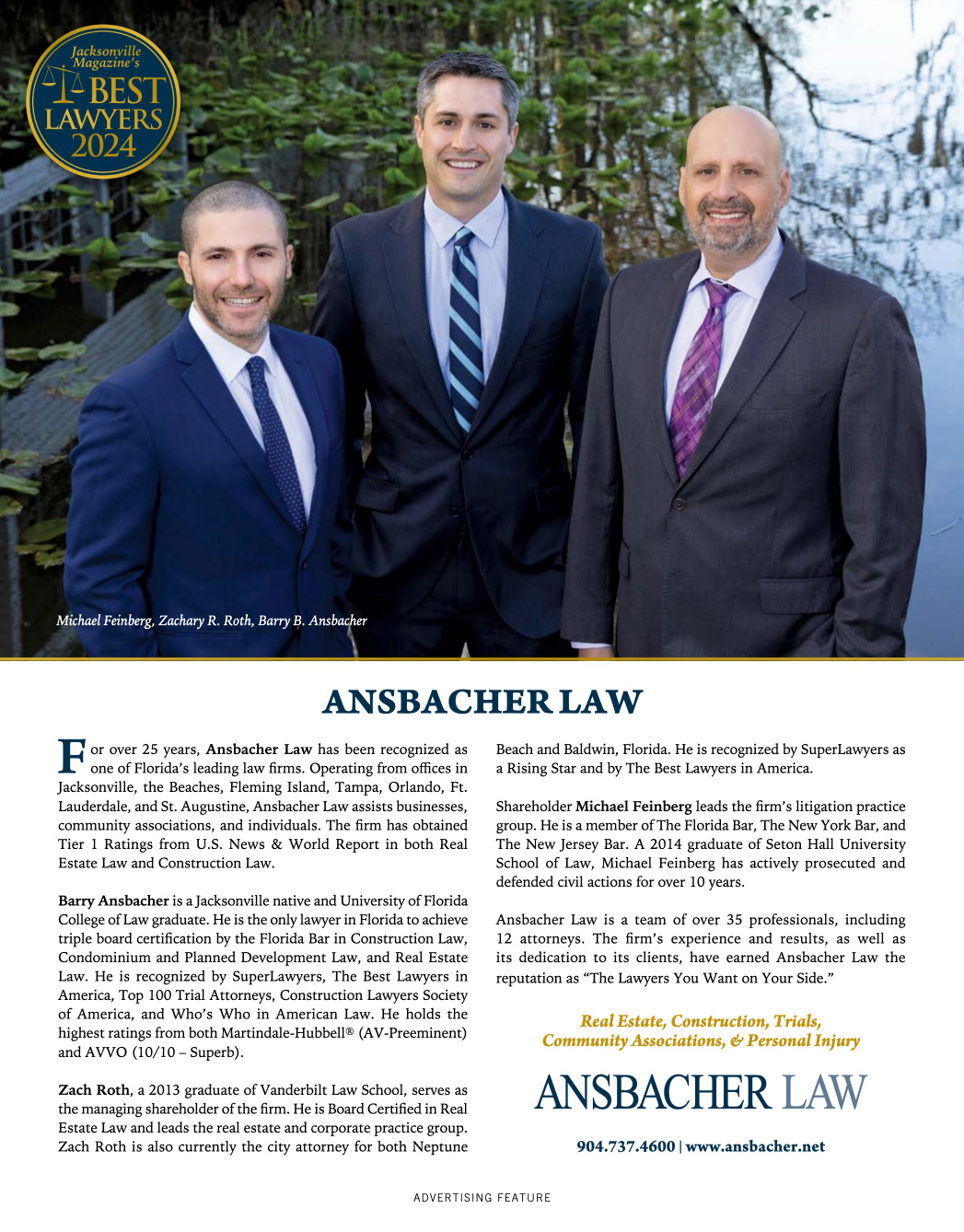 Promotional image featuring three male lawyers from Ansbacher Law, smiling and dressed in suits, positioned against a background of trees and a building. Includes text about their services and contact information. Featured in