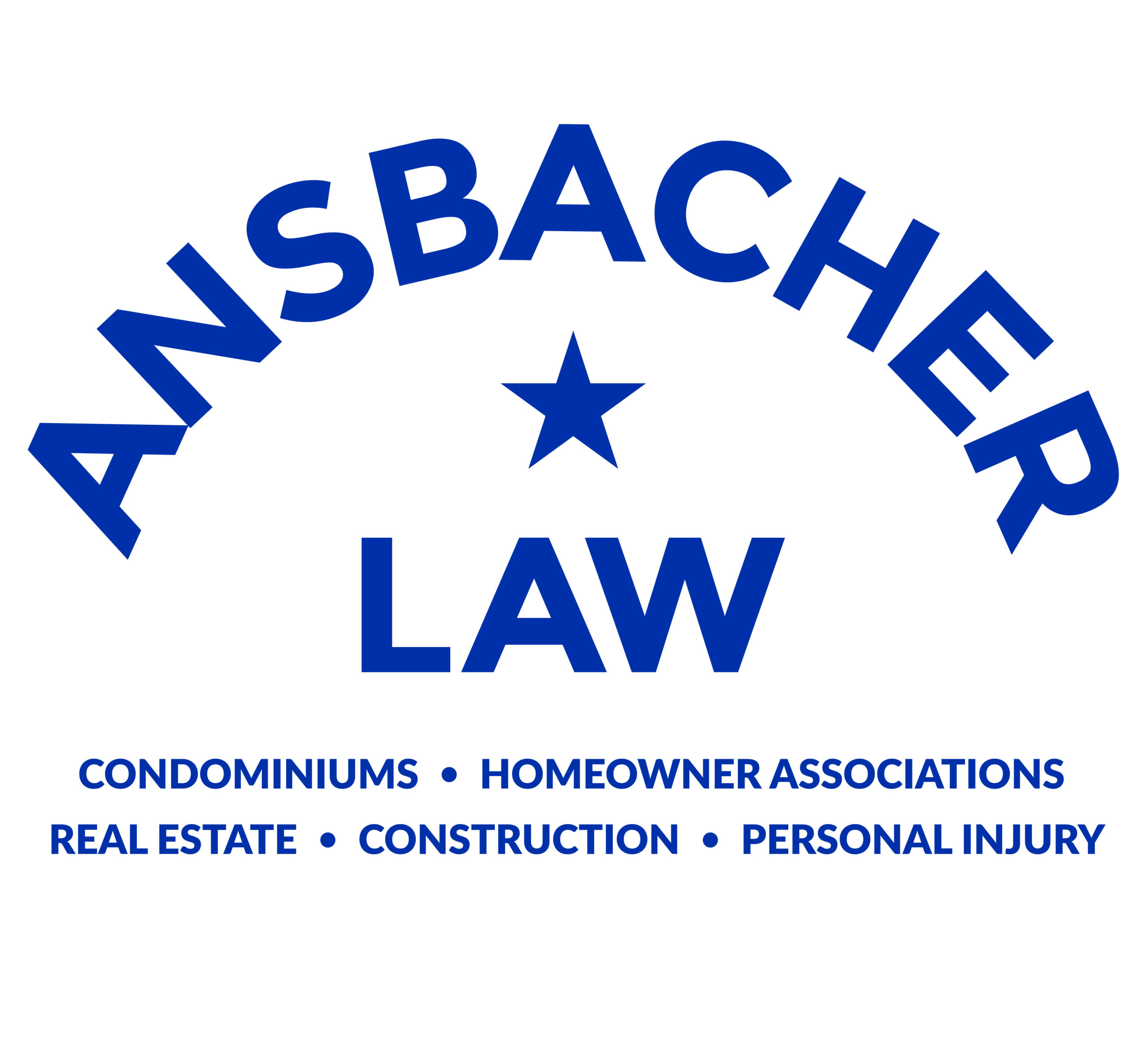 The blue text logo for Ansbacher Law features a star between the words. Below, "Review: Condominiums, Homeowner Associations, Real Estate, Construction, Personal Injury" is elegantly written in smaller text.