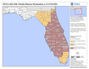 Map of Florida shows counties affected by disaster declaration as of 11/04/2024. Highlighted areas include north and central regions in orange for public assistance, and shaded regions in red hatched lines for both individual and public assistance. FEMA logo present.