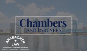 Skyline of a city with a prominent bridge over water. The text "Chambers and Partners" is centered in a white rectangle. "Ansbacher Law" is in the bottom left corner with practice areas listed beneath.