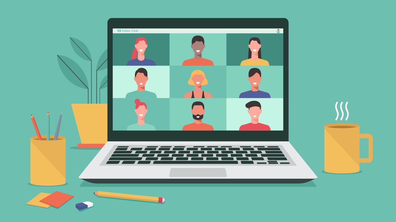Illustration of a Virtual Education Day video conference on a laptop screen showing nine diverse participants. The laptop is on a desk with a pencil, eraser, and notepad nearby, along with a yellow mug and potted plant. Background is teal.