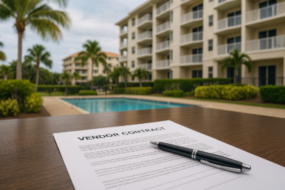 A vendor contract and pen lie on a wooden table against the backdrop of an apartment complex, palm trees, and a sparkling swimming pool. The setting exudes professionalism, highlighting business transactions in a vibrant residential environment.