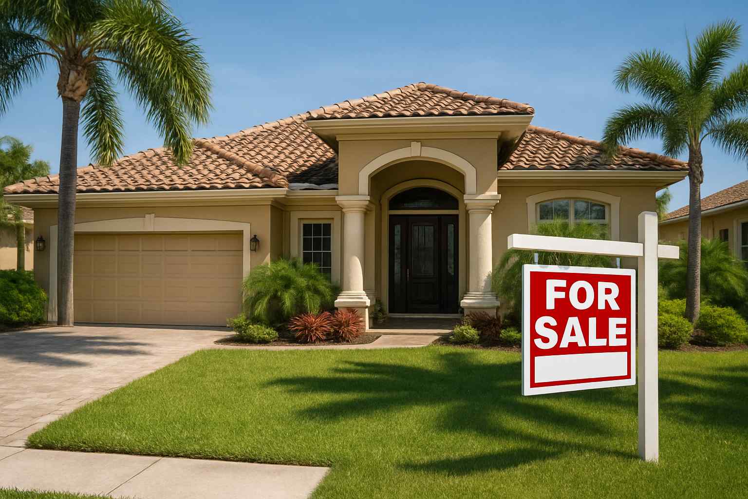 A tan, single-story house with a tiled roof, arched entryway, and attached garage is surrounded by palm trees and green lawn. A red and white "For Sale" sign stands in the yard, suggesting repairs before selling may enhance its value.