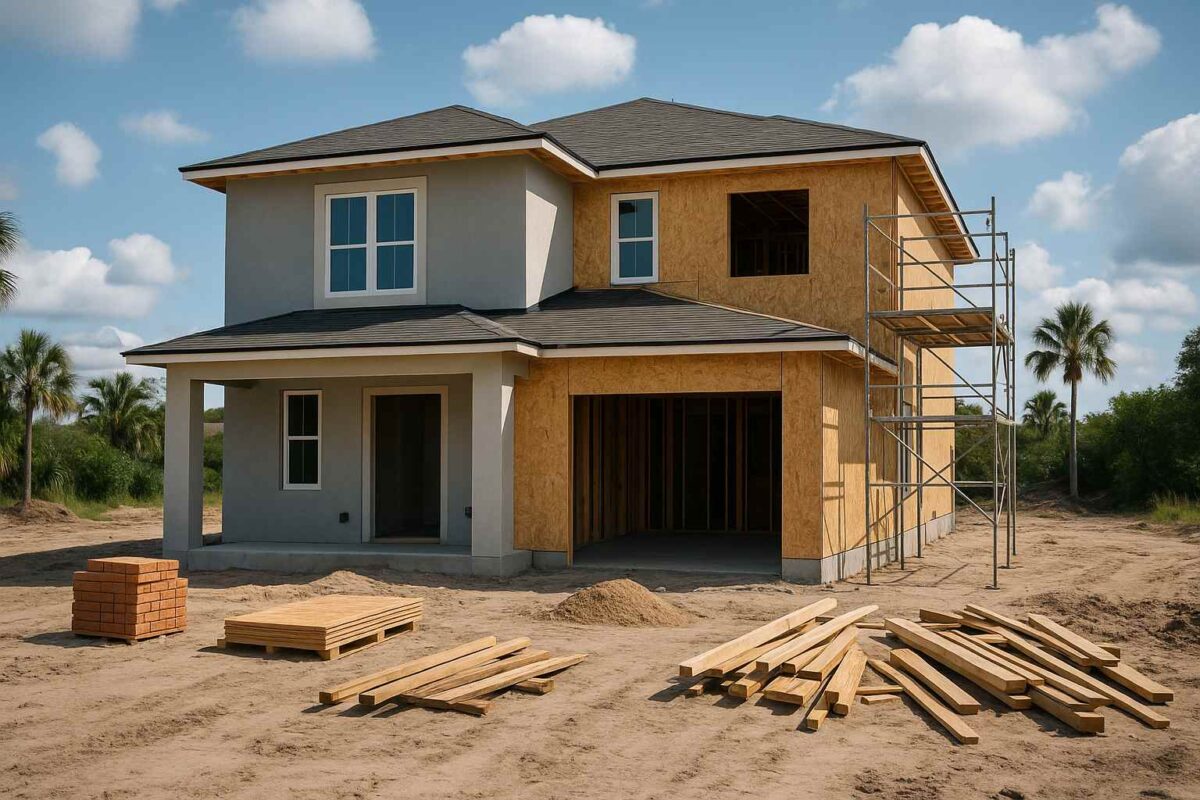 A two-story house under construction with wooden framing and scaffolding stands as property owners navigate a construction dispute. Piles of lumber and bricks are on sandy ground, surrounded by trees beneath a partly cloudy sky.