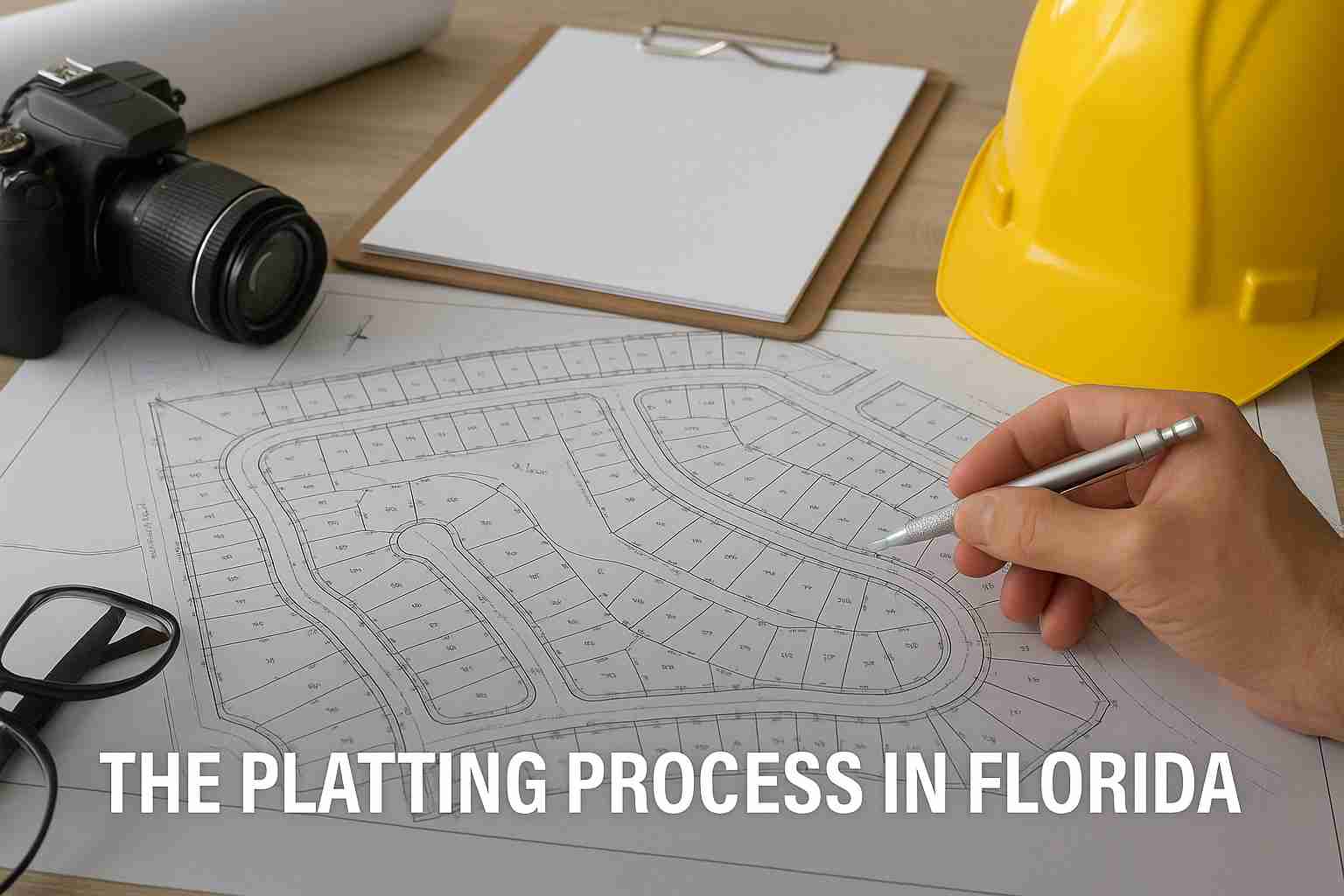 A person’s hand draws on a subdivision plat map surrounded by a camera, clipboard, hard hat, and glasses. Text reads: "THE PLATTING PROCESS IN FLORIDA"—a key step in land development.