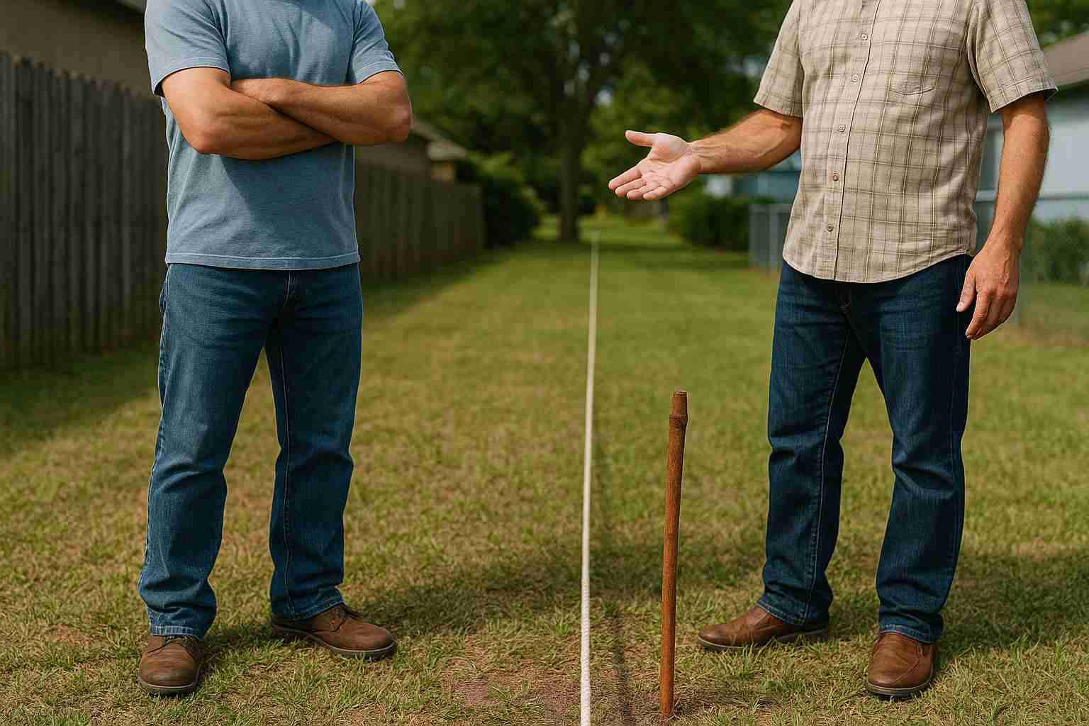 Two men stand on either side of a line drawn on grass in a backyard, stick marking the boundary, as they gesture and cross arms—capturing a classic scene of property lines disputes. Both wear jeans and casual shirts.