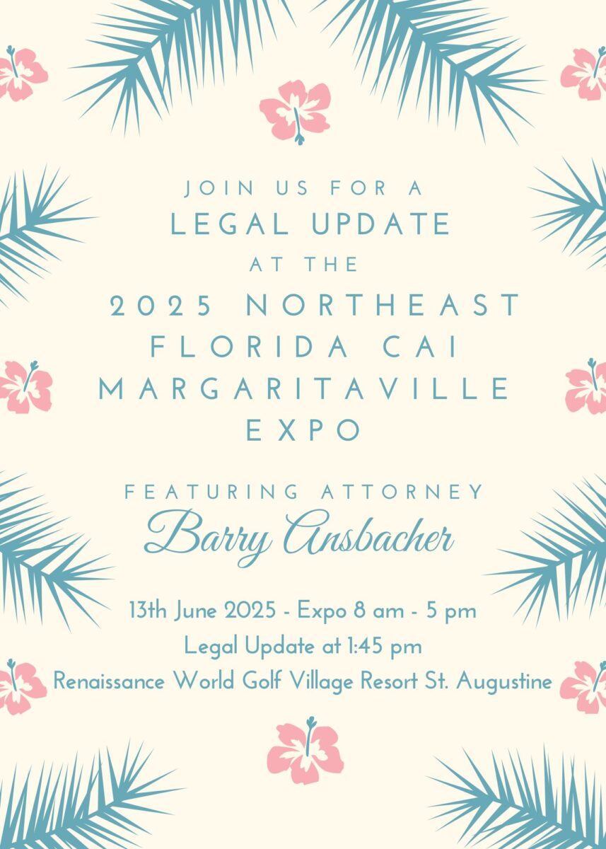 Event flyer with tropical leaves and pink hibiscus flowers, announcing the 2025 NEFL CAI Margaritaville Expo & Legal Update featuring attorney Barry Ansbacher, June 13, 2025, at the Renaissance Resort St. Augustine.