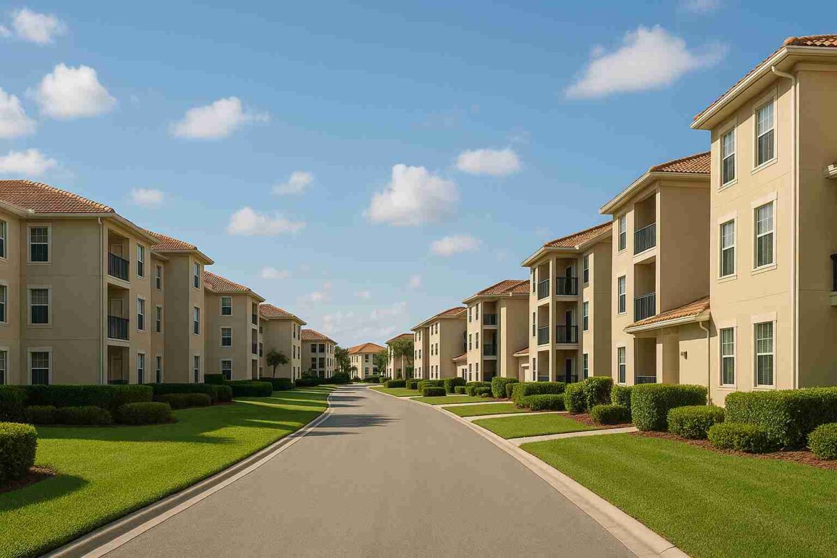 A wide street lined with identical beige apartment buildings, neatly trimmed green lawns, and manicured bushes under a blue sky with scattered clouds—unmarred by any sign of delinquent HOA fees.