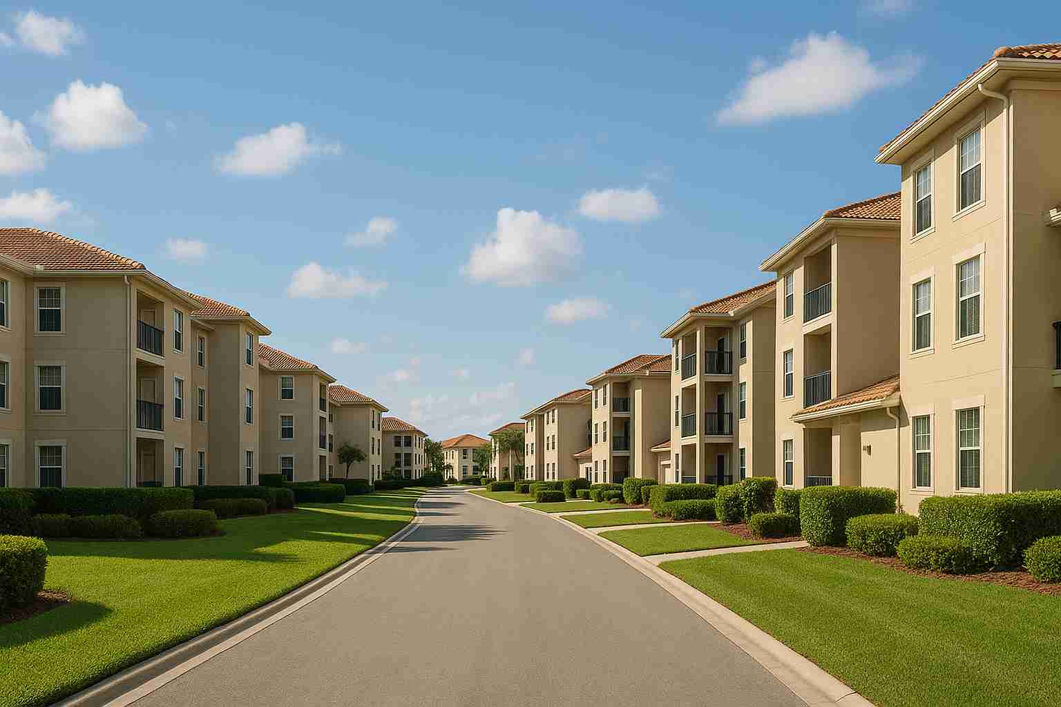 A wide street lined with identical beige apartment buildings, neatly trimmed green lawns, and manicured bushes under a blue sky with scattered clouds—unmarred by any sign of delinquent HOA fees.