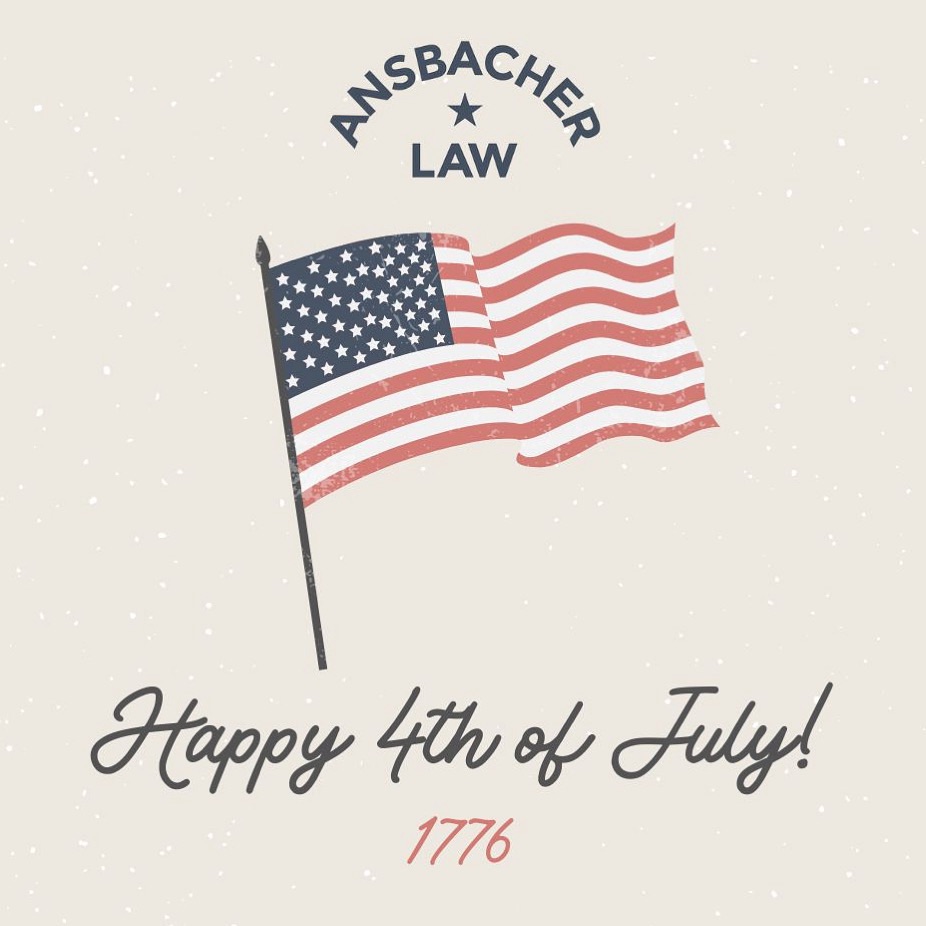 An illustration of the American flag with "ANSBACHER LAW" above and "Happy 4th of July! 1776" below, set on a light background with a subtle speckled texture, celebrating the 4th of July.