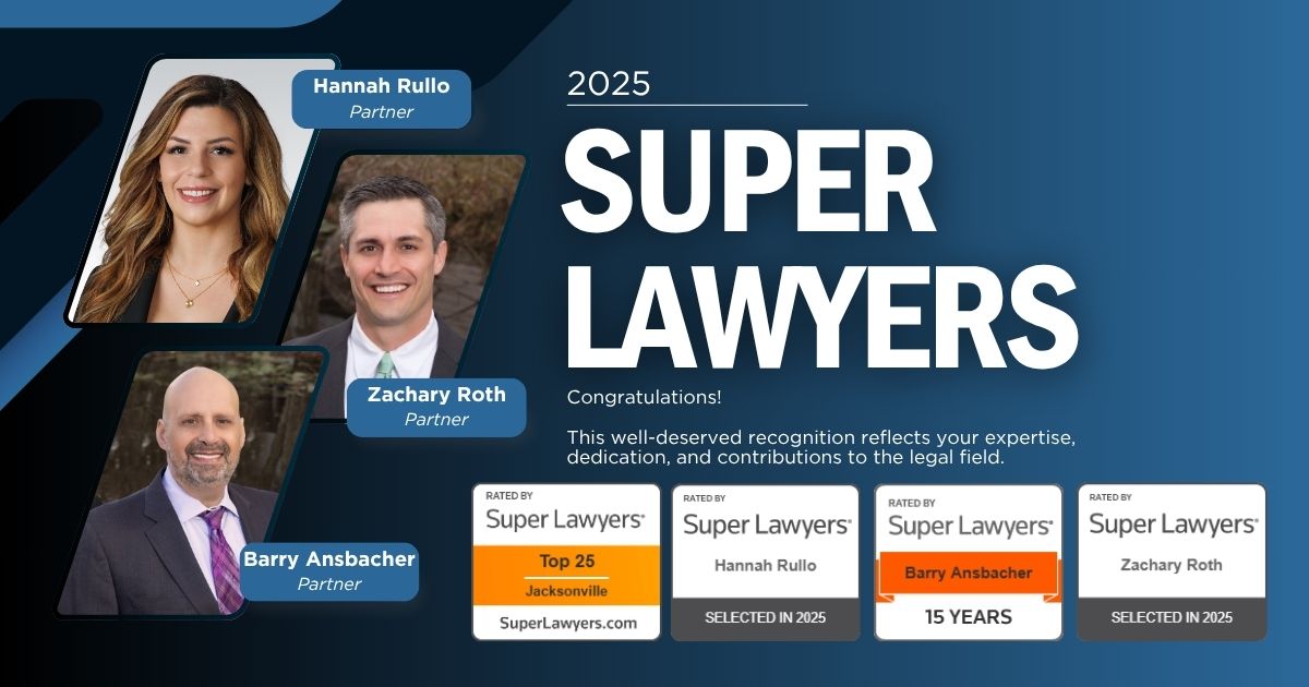 A graphic titled "2025 Super Lawyers" features photos of Hannah Rullo, Zachary Roth, and Barry Ansbacher with award badges for legal recognition and the message: “Congratulations! This recognition reflects your expertise.”.