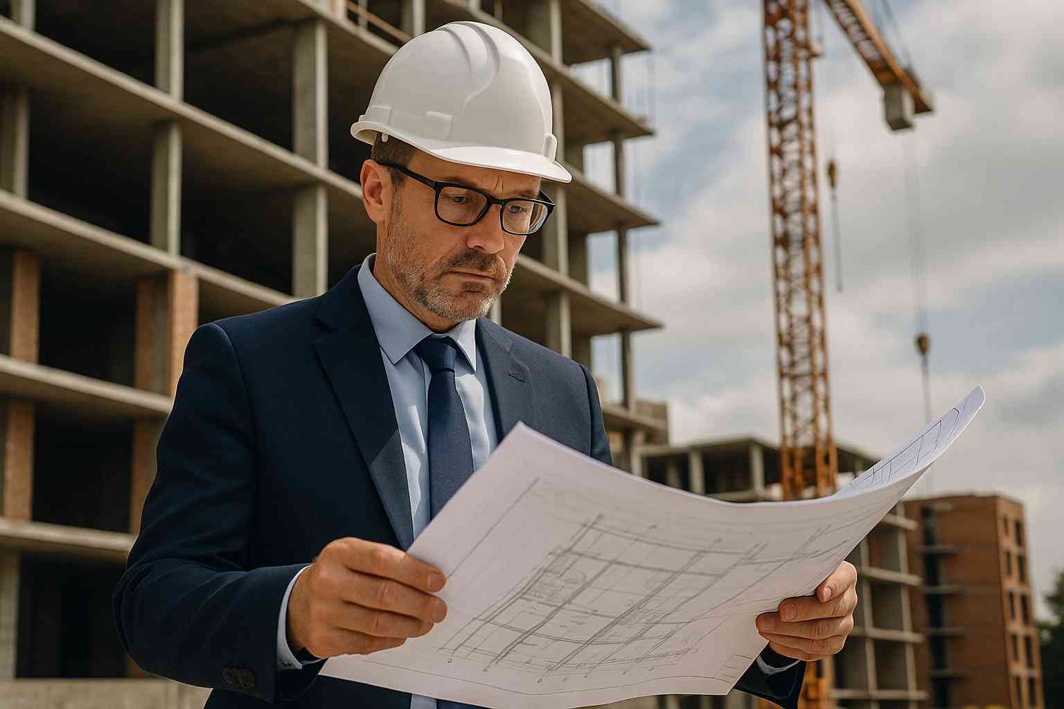 A man wearing a white hard hat and suit examines blueprints at a construction site, emphasizing engineer accountability as a building rises behind him and a tower crane looms in the background.