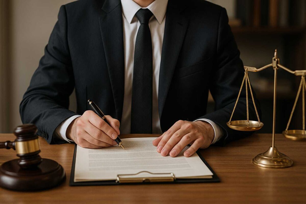 An honest personal injury attorney in a suit sits at a desk, signing a document on a clipboard. A judge’s gavel and legal scales on the desk emphasize the legal setting.