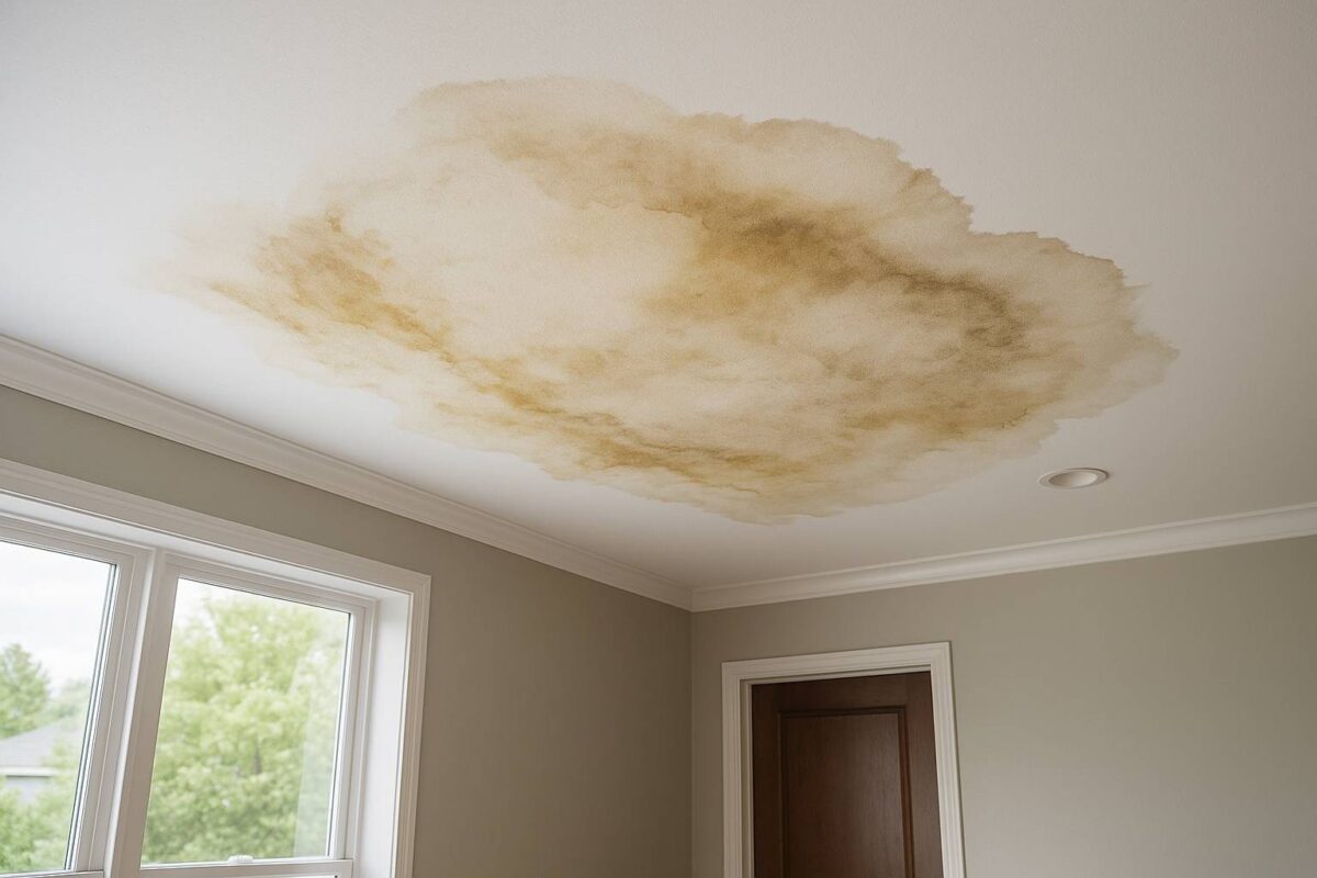 A large, irregular brown water stain spreads across a white ceiling in a room with light gray walls—a classic sign that may prompt a construction defect claim—alongside a wooden door and a window revealing greenery outside.