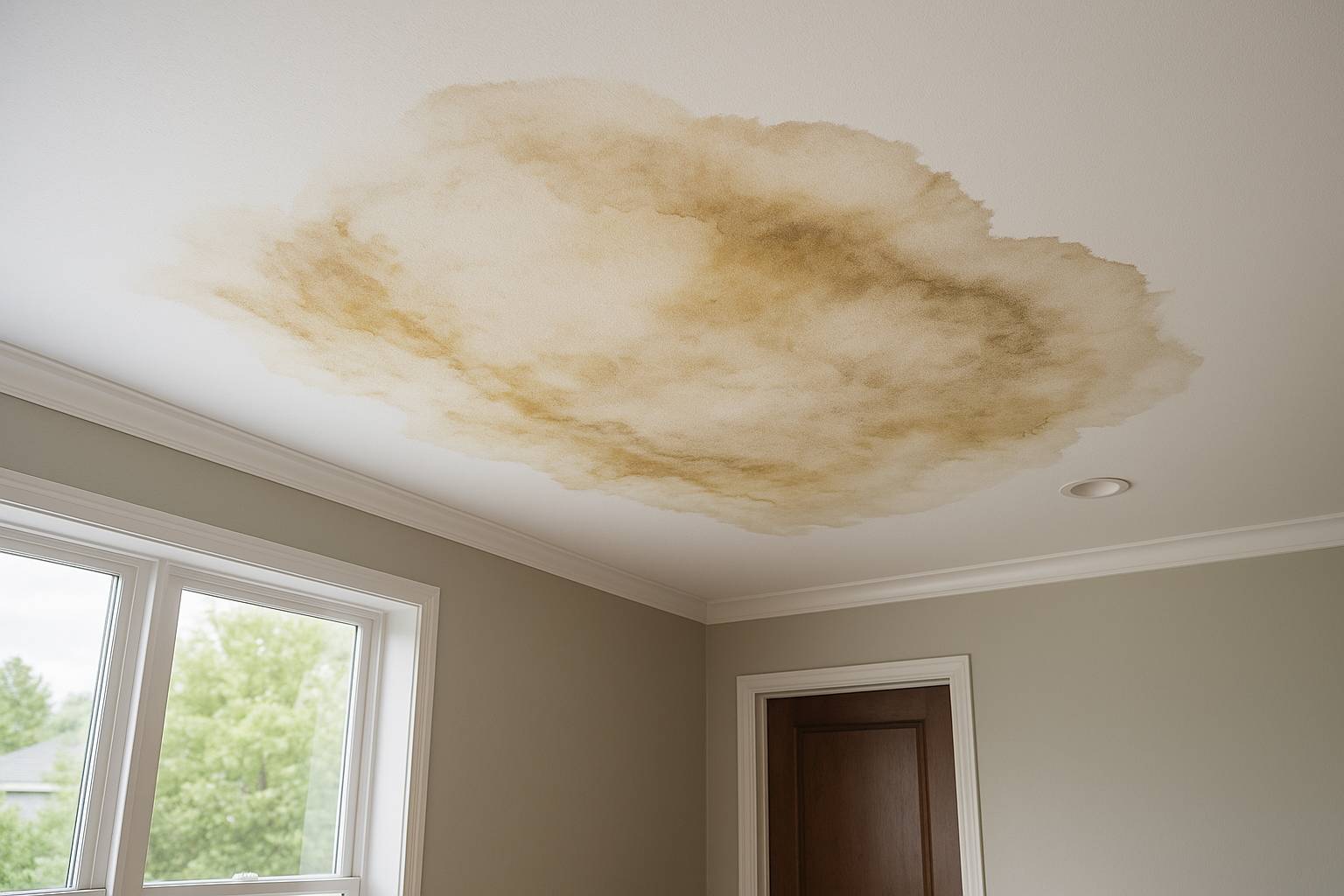 A large, irregular brown water stain spreads across a white ceiling in a room with light gray walls—a classic sign that may prompt a construction defect claim—alongside a wooden door and a window revealing greenery outside.