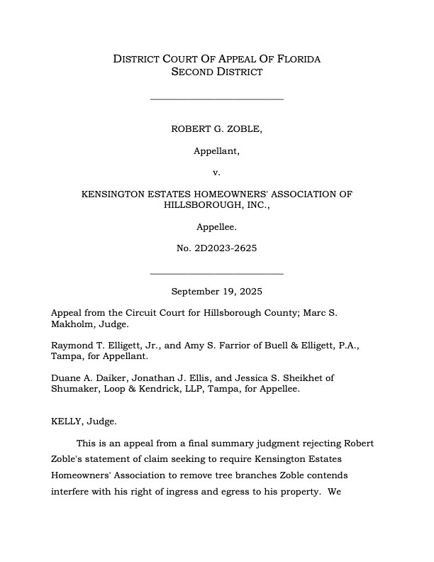 A legal document titled "District Court of Appeal of Florida Second District" for the case Robert G. Zoble v. Kensington Estates Homeowners' Association of Hillsborough, Inc., featuring case details and a summary concerning Homeowner Associations.