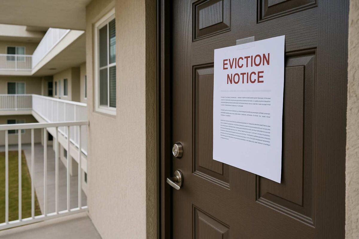 A printed eviction notice is taped to a brown condo door. The door opens to an exterior walkway with white railings and beige walls, typical of an apartment complex where a tenant faces being evicted.