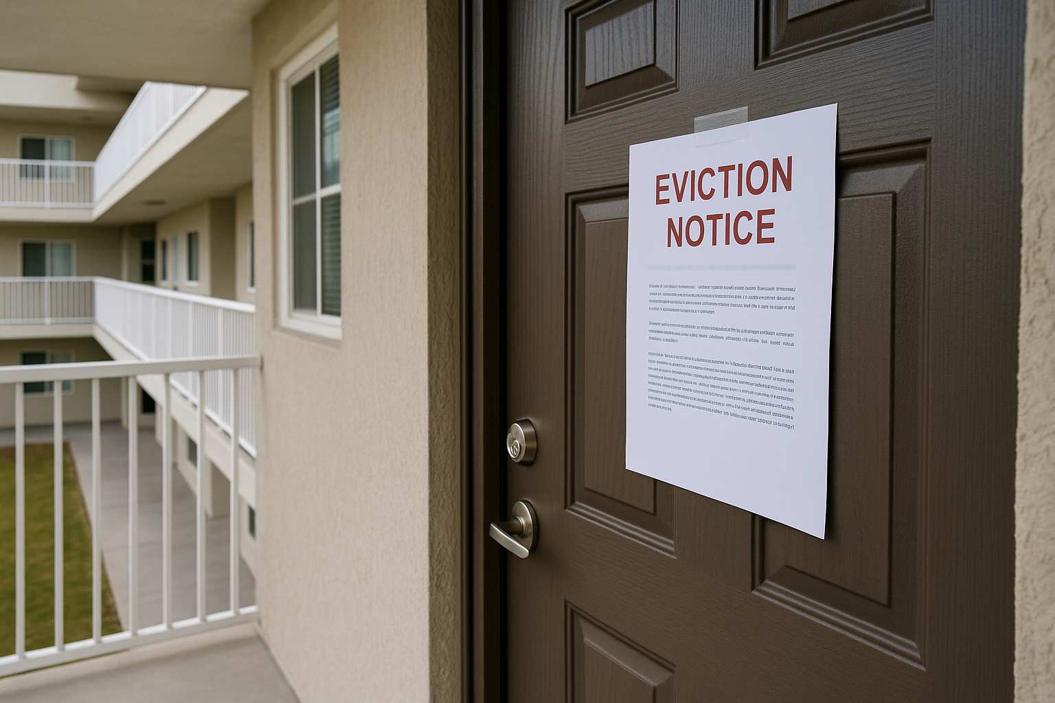 A printed eviction notice is taped to a brown condo door. The door opens to an exterior walkway with white railings and beige walls, typical of an apartment complex where a tenant faces being evicted.