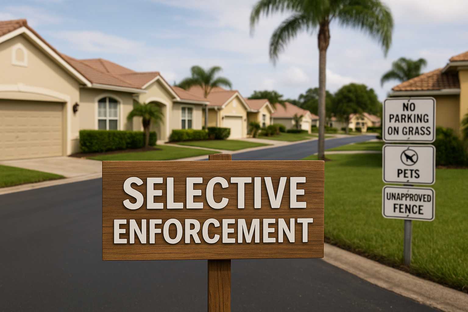 A suburban neighborhood street features a "SELECTIVE ENFORCEMENT" sign, reflecting concerns over HOA selective enforcement. Another sign lists rules: no parking on grass, no pets, and no unapproved fence. Palm trees line the road.