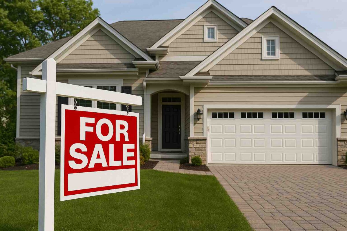 A "For Sale" sign is displayed in front of a modern suburban house with beige siding, a two-car garage, and a well-maintained lawn—an inviting scene for those interested in the steps to sell a house or learn about the Florida home selling process.