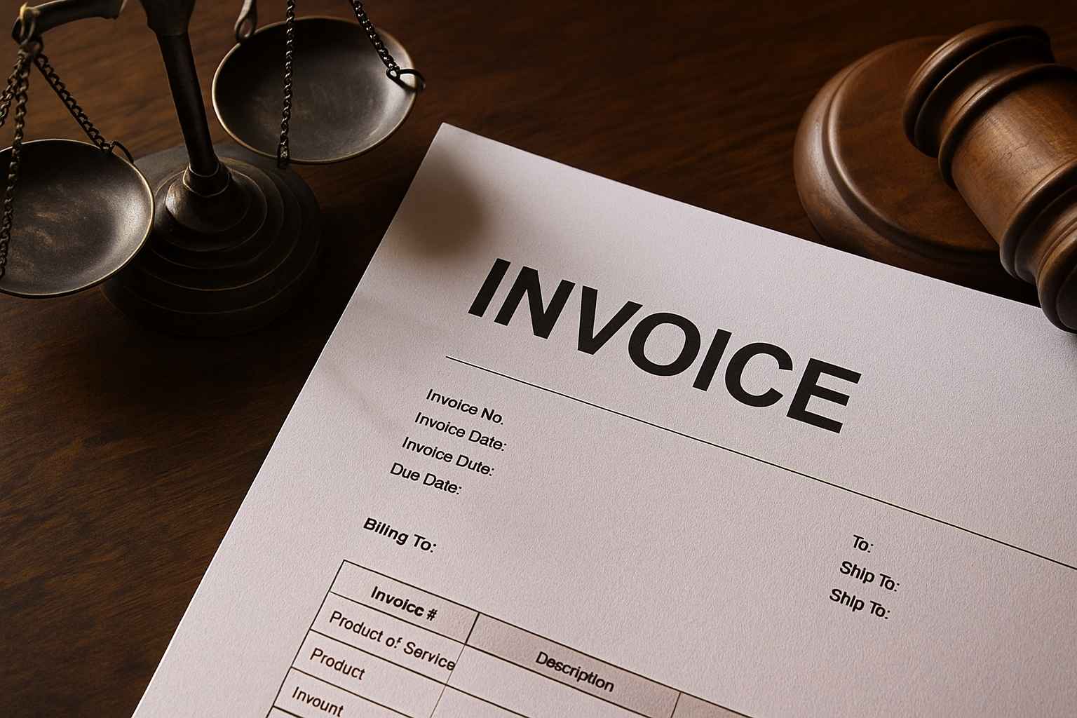 A close-up of an invoice document on a desk next to a judge’s gavel and brass balance scale, symbolizing law and finance. The blank form highlights sections relevant for contractor unpaid invoices, including invoice number, date, billing, and shipping details.