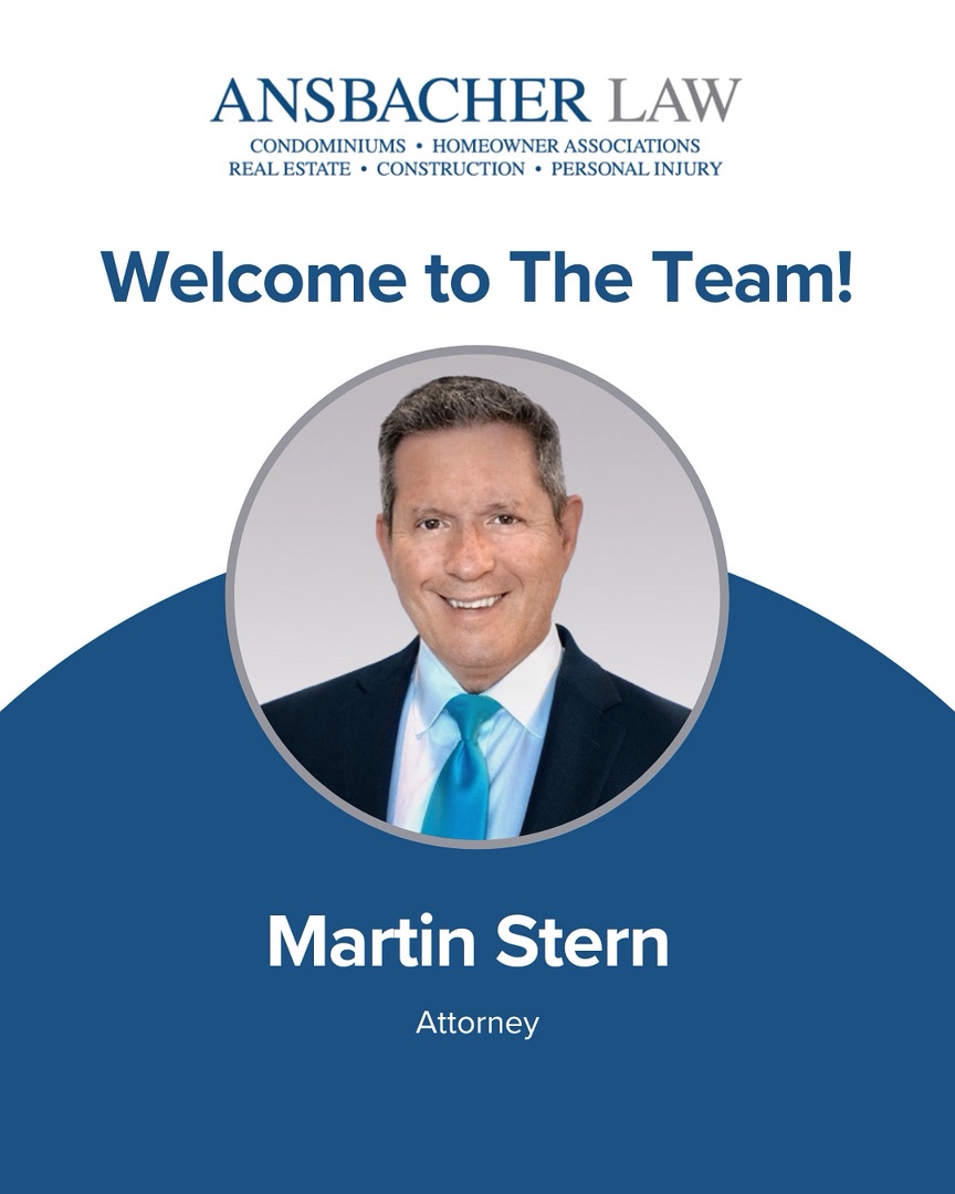 Portrait of Attorney Martin Stern, smiling in a suit and blue tie, under the heading "Welcome to The Team!" with "ANSBACHER LAW" and practice areas above. Text below reads "Martin Stern, Attorney.