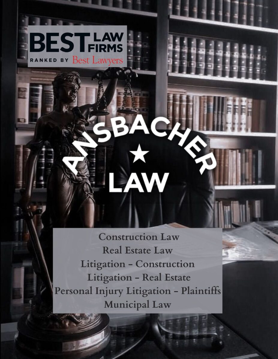 A law office with shelves of legal books, a Lady Justice statue, and a sign for Ansbacher Law—an Honored Best Law Firm—listing areas of practice including construction, real estate, litigation, personal injury, and municipal law.