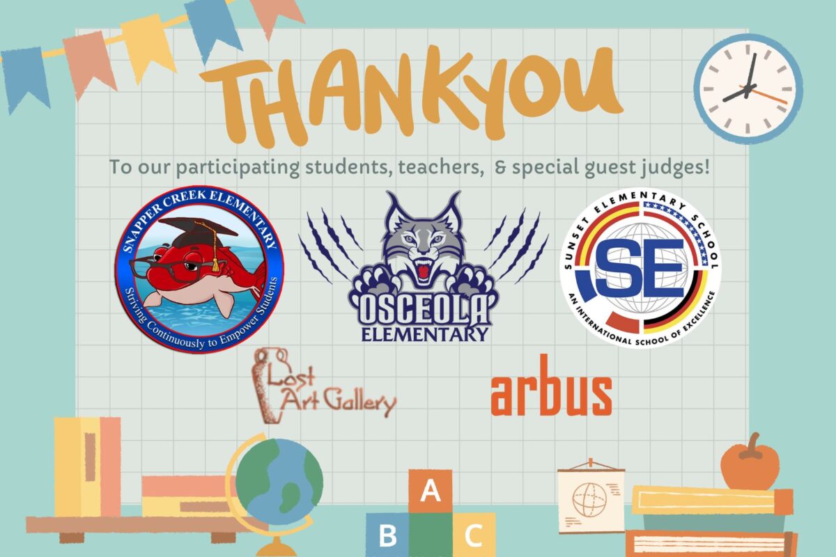 A thank you poster with colorful banners, books, a clock, and school and sponsor logos, expressing gratitude to students, teachers, and guest judges of the 2025 Holiday Art Contest. Featured schools include Snapper Creek, Osceola, and Sunset Elementary.