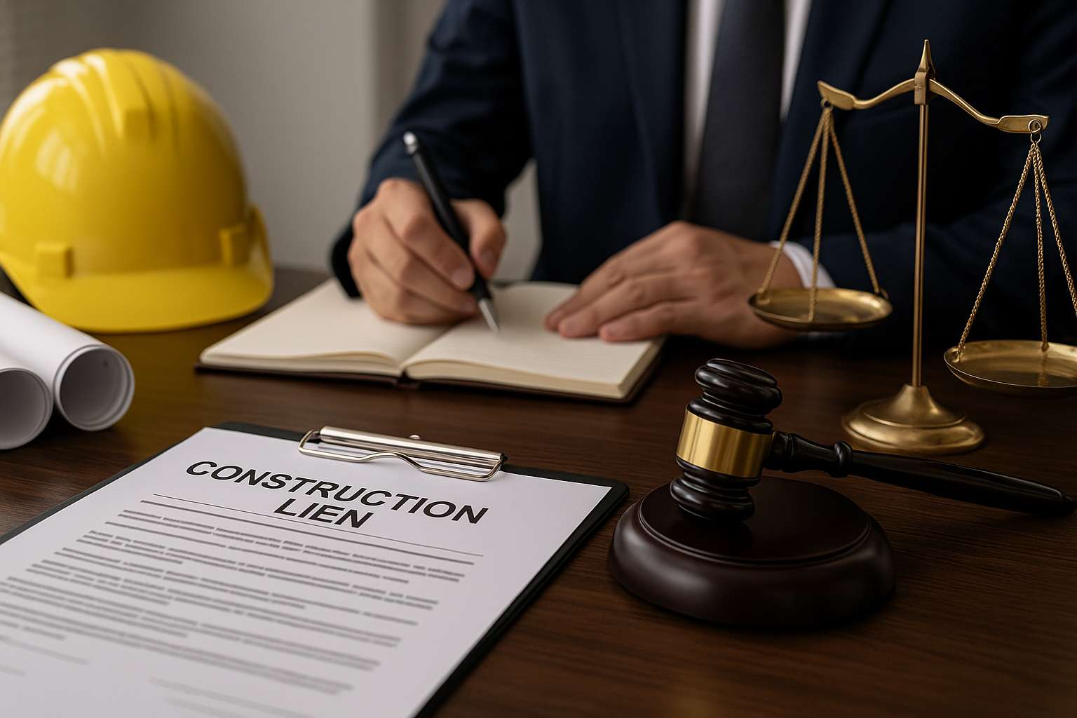 A person in a suit writes in a notebook at a desk with a clipboard labeled "Construction Lien," legal scales, blueprints, and a gavel—illustrating the importance of meeting the Florida construction lien deadline.