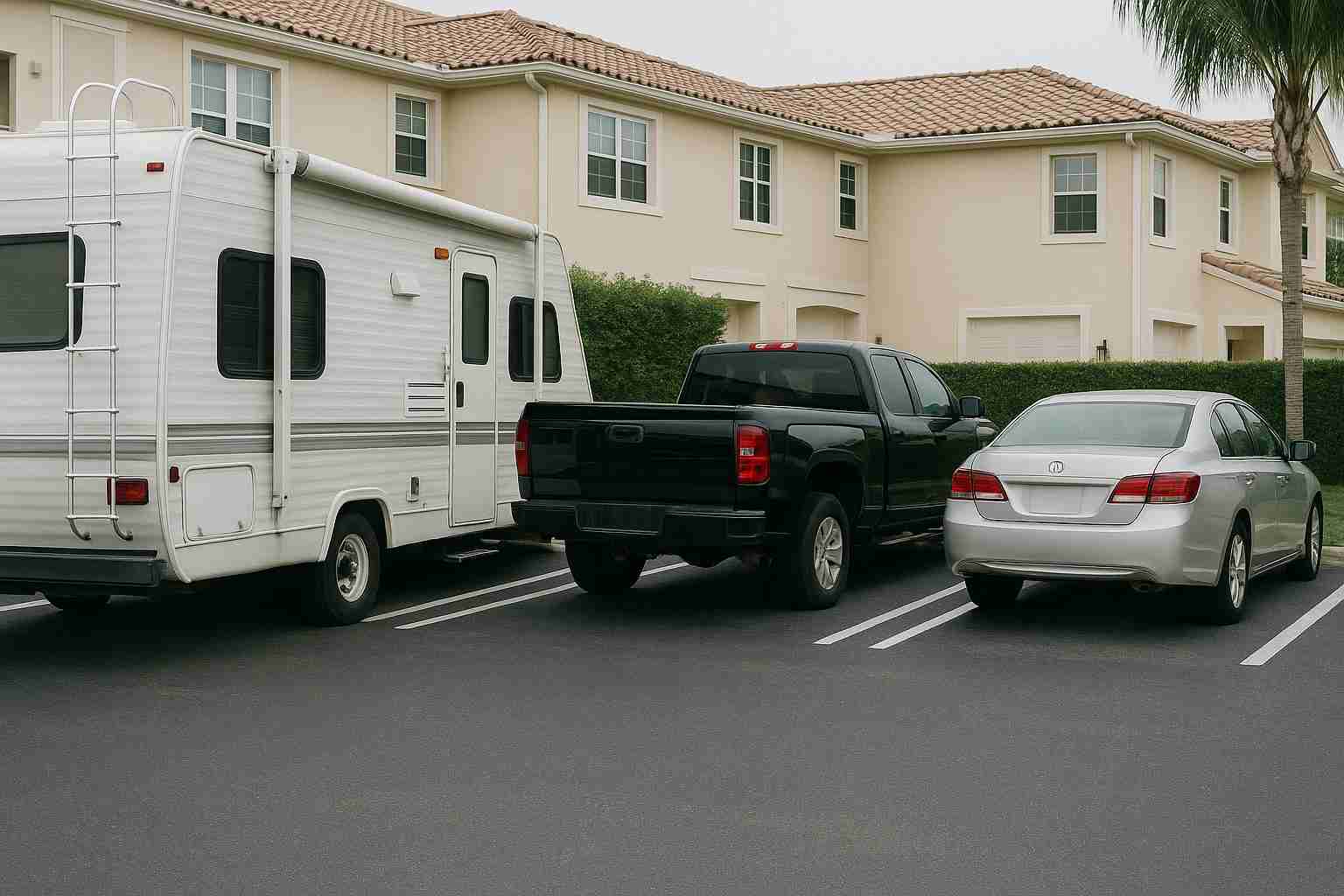 A white RV, a black pickup truck, and a silver sedan—typical HOA ban vehicles—are parked side by side in a lot before beige townhouses with tile roofs and green hedges.