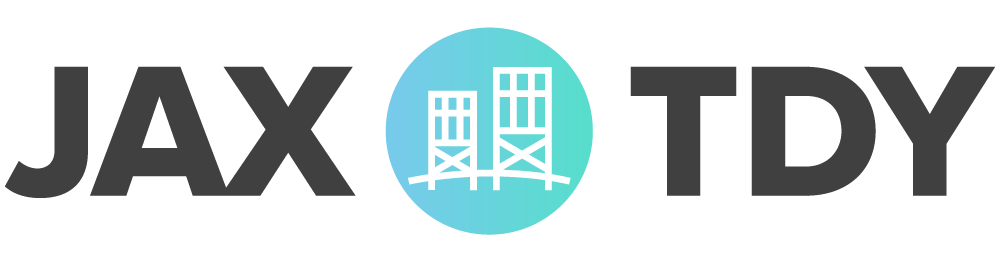 Logo with the text "JAX TDY" in bold black letters, separated by a blue-green circle featuring two stylized buildings on a bridge—perfect for sharing Local Insight or updates like the Duval Schools HQ Move.