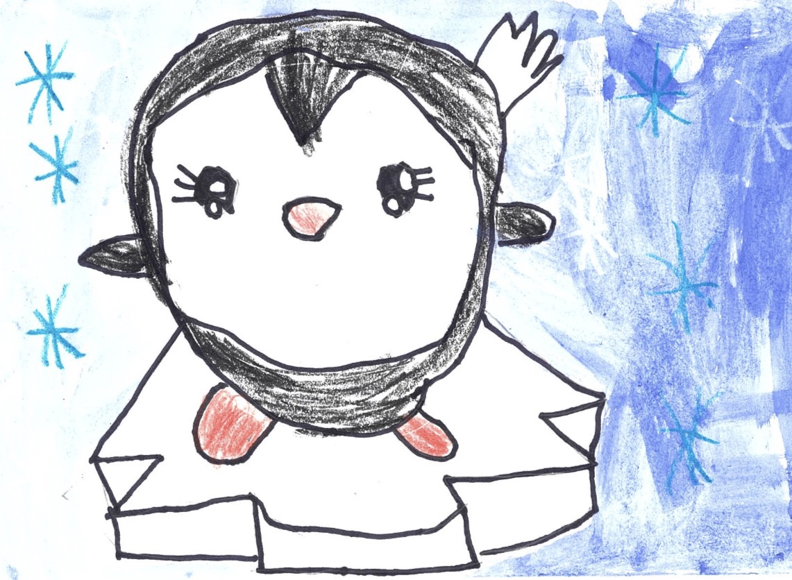 A child’s drawing of a cute penguin with big eyes, orange feet, and a small orange beak standing on an ice floe—perfect for Osceola Elementary’s Holiday Art Contest. The blue background features snowflakes and abstract icy shapes.