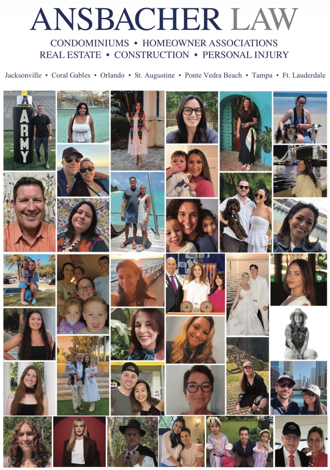 A collage of diverse people smiling, some with pets or family, under the Ansbacher Law firm header, which lists their practice areas and office locations across Florida.