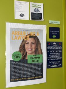 A lime green classroom door at Beachside Highschool features signs, including one for "Mr. Floyd," room 04-242, and a poster with Hannah Rullo as the speaker for an "Argue Like a Lawyer" teaching event on November 10, 2025.
