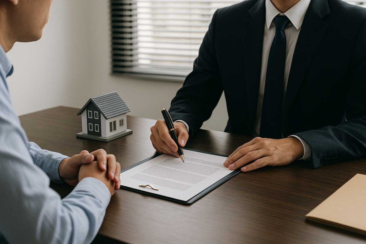 Two people sit at a desk, one in a suit signing a document on a clipboard. A small model house sits on the table, suggesting a real estate or mortgage agreement with the help of a Real Estate Lawyer or Closing Agent you can hire for guidance.