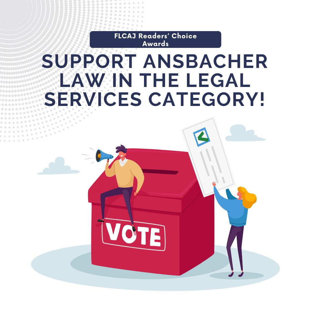 Illustration of a man sitting on a red ballot box labeled "VOTE," speaking through a megaphone, and a woman holding a large ballot. Text above reads: "Support Ansbacher Law in the Legal Services Category!.