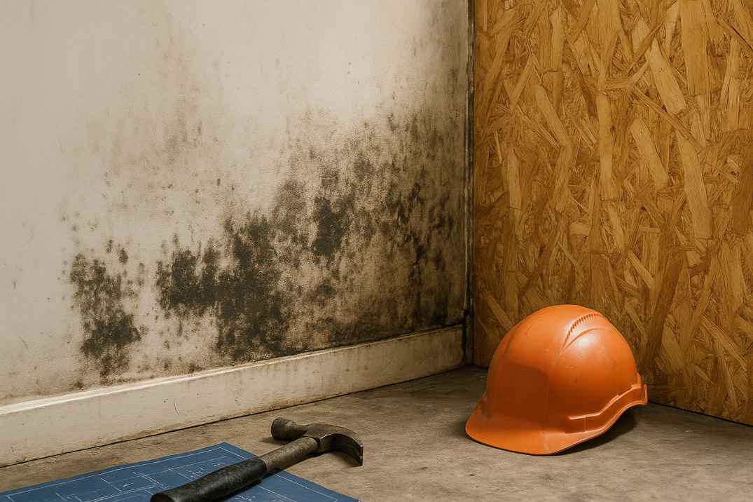 A moldy white wall in a room corner, possibly due to failure to disclose water damage, with building materials, a hammer on a blueprint, and an orange construction helmet on the floor next to a wooden panel wall.