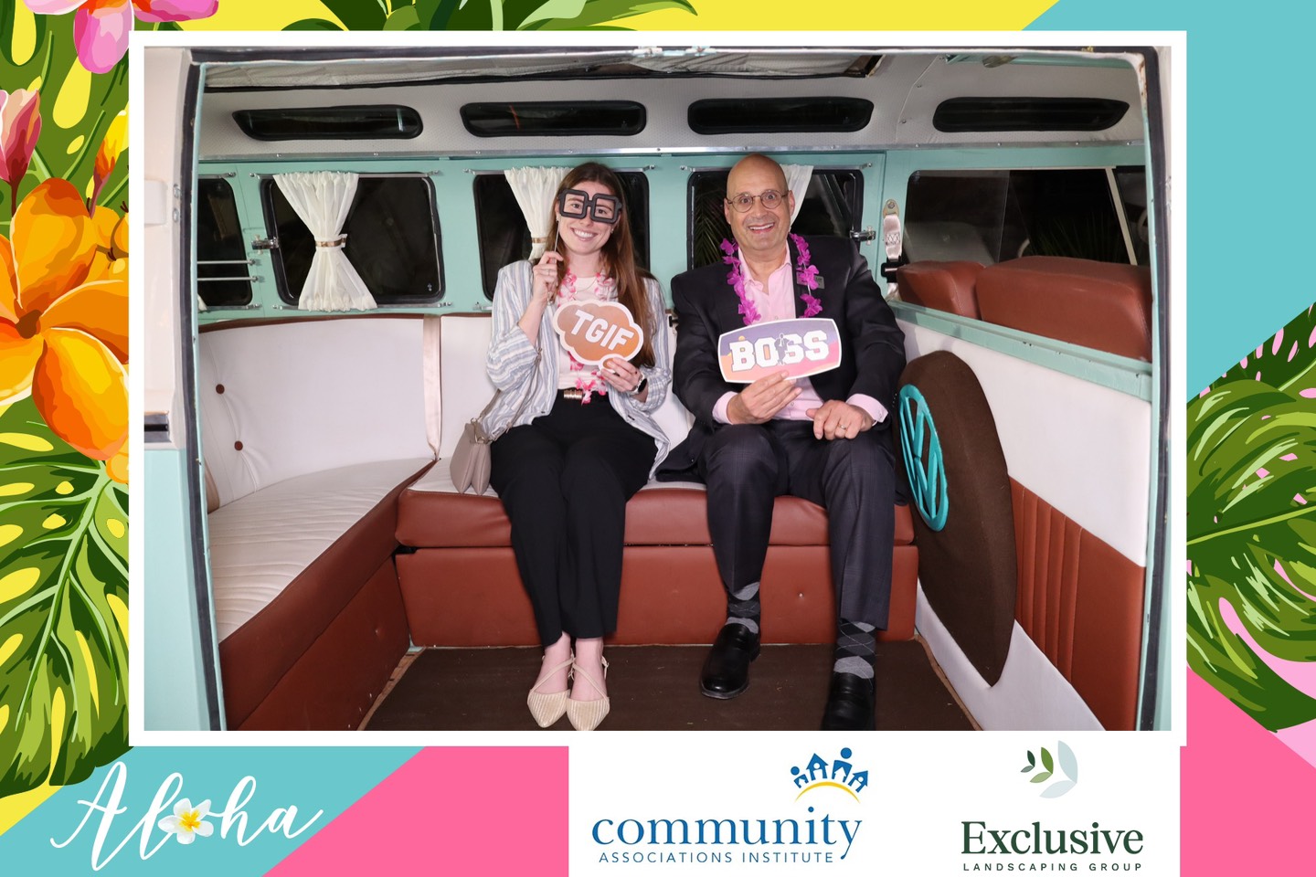 Two people sit smiling in a vintage van holding "TGIF" and "BOSS" signs. The photo, framed by tropical flowers, celebrates the CAI Central Florida End-of-Year Luau with Community Associations Institute, Exclusive Landscaping Group, and Ansbacher Law logos.
