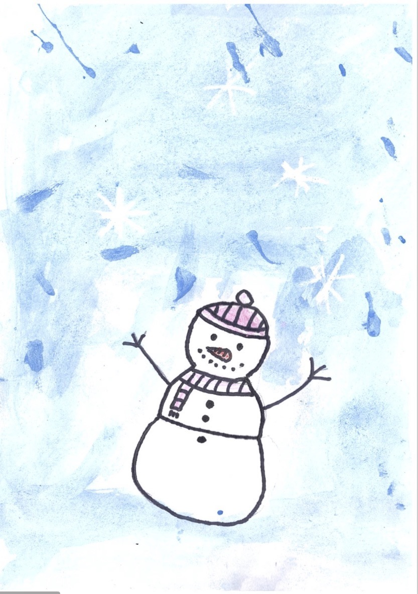 A 3rd Grade child’s drawing for Mrs. Gibson’s Holiday Art: a smiling snowman in a pink-striped hat and scarf, stick arms raised, set against a blue snowy sky sprinkled with white stars and snowflakes.